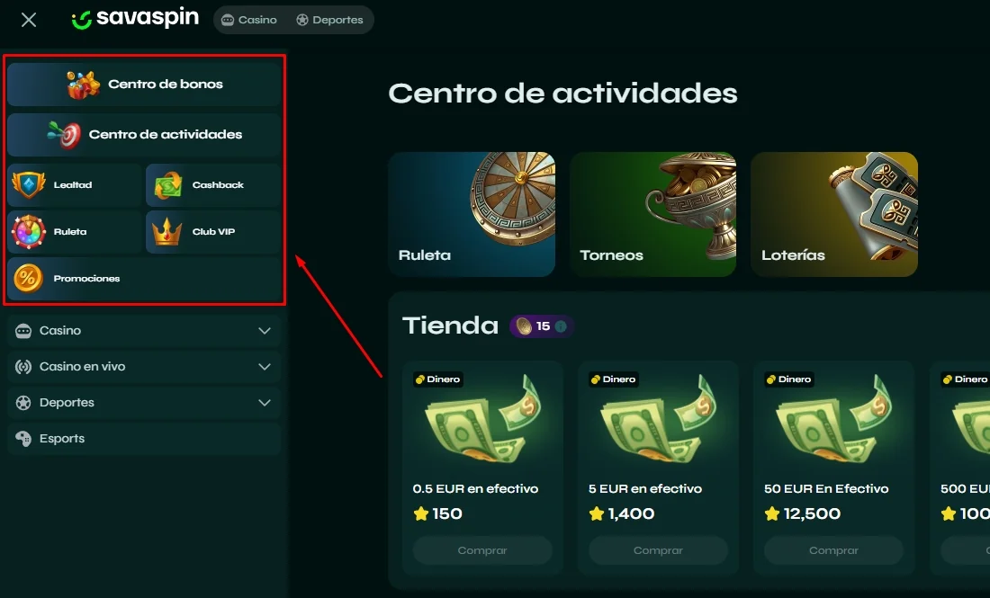 Centro de actividad Savaspin Centro de actividad: tienda, misiones de bono, ruleta, torneos y menú de fidelidad