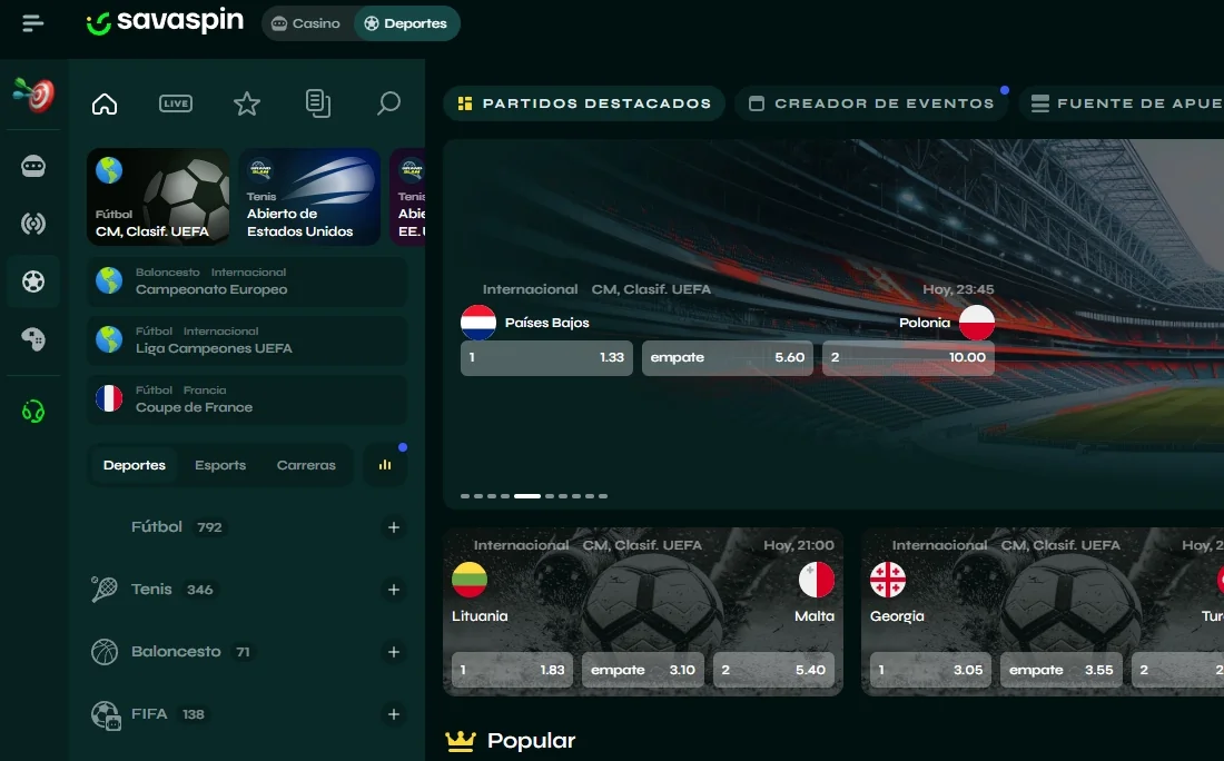 Página principal de apuestas Savaspin Casa de apuestas Savaspin con banner FC25, partidos de fútbol, cuotas y categorías a la izquierda
