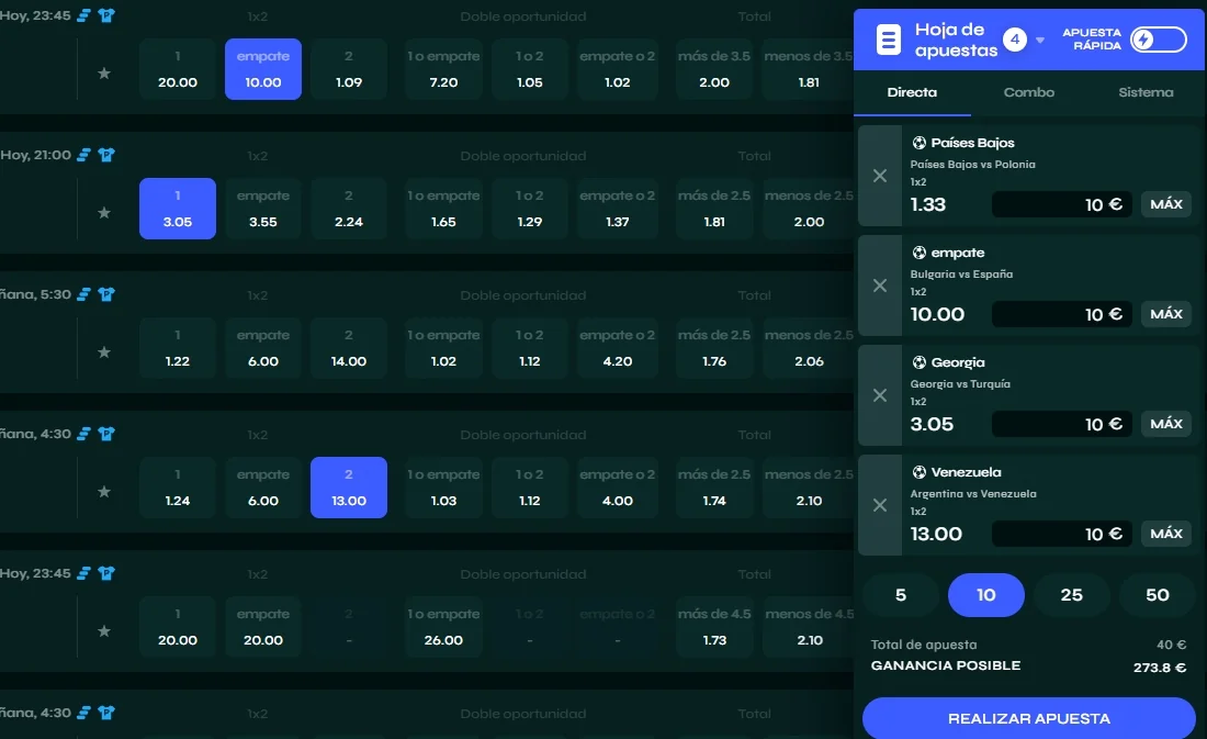 Vista del cupón combinado de fútbol Apuestas de fútbol en Savaspin con cupón destacado y combinadas con empates y ganancia potencial