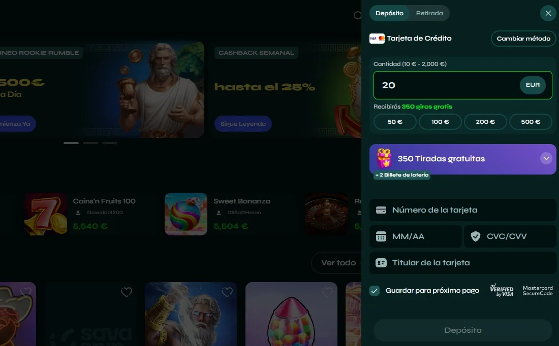Pantalla de depósito en Savaspin con tarjeta, oferta de giros extra y formulario de pago seguro