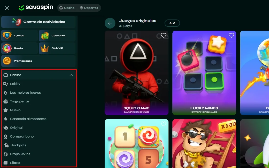 Menú lateral en Savaspin con categorías: lobby, jackpots, casino en vivo y juegos originales