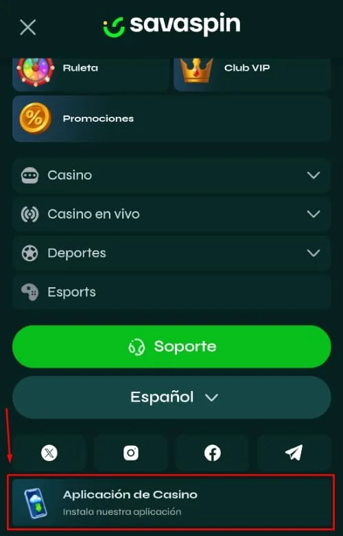 Opción de descarga de la app Menú móvil Savaspin con descarga de la app, soporte e idioma en español
