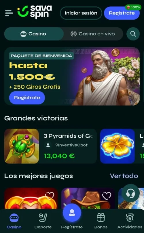 Bono de bienvenida en la app App móvil Savaspin con paquete de bienvenida hasta 1500 EUR, 250 giros gratis y tragaperras destacadas