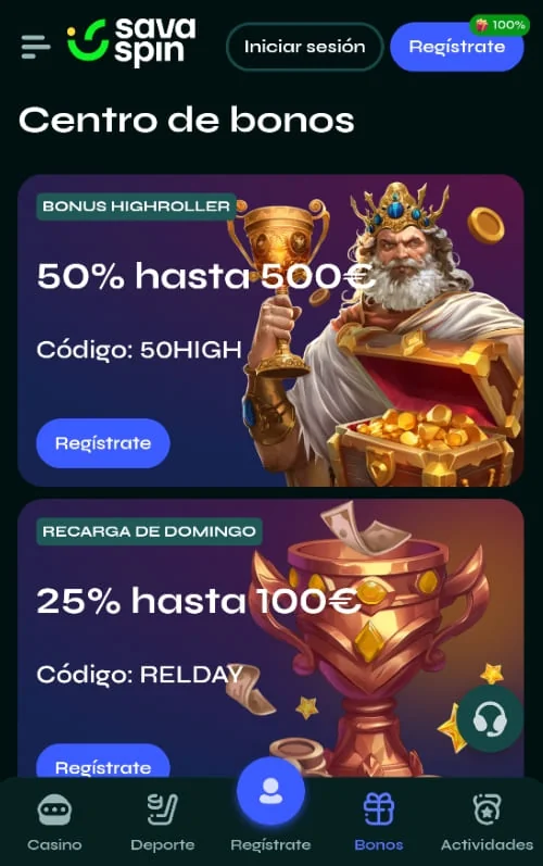Centro de bonos en el móvil Centro de bonos en la app Savaspin: highroller 50 % hasta 500 EUR y recarga 25 % hasta 100 EUR
