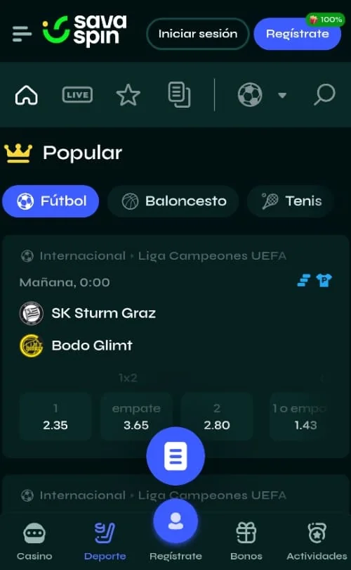 Pantalla de apuestas deportivas Apuestas deportivas en móvil: partido SK Sturm Graz contra Bodo Glimt con cuotas